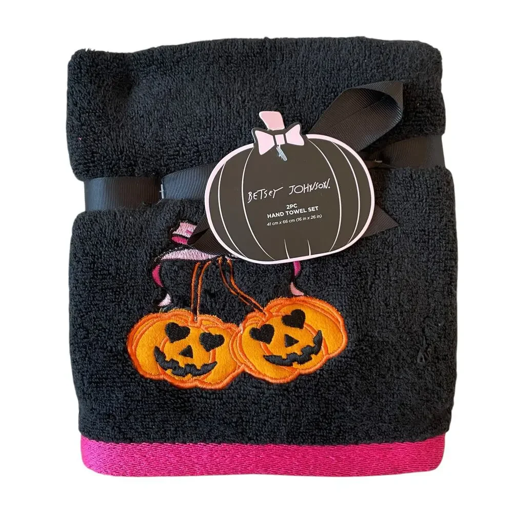 2pc Betsey Johnson Halloween Hand Towel 16x26 Cotton Embroidered Pumpkin Bow NEW